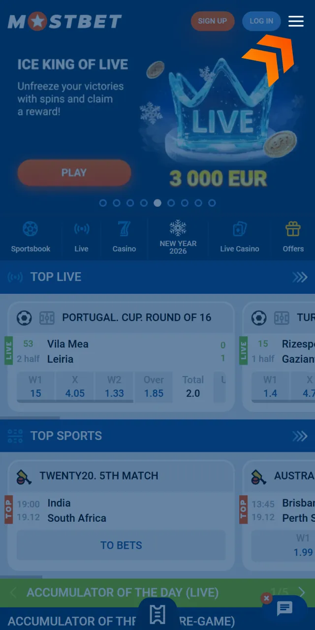 Open the side menu on the official Mostbet website to begin.