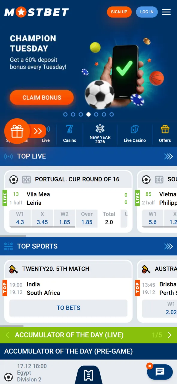 View the main interface of the official Mostbet mobile application.