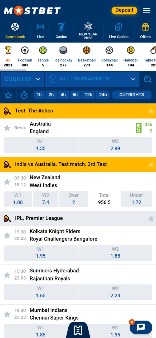 Browse available sports betting markets in the official Mostbet app.
