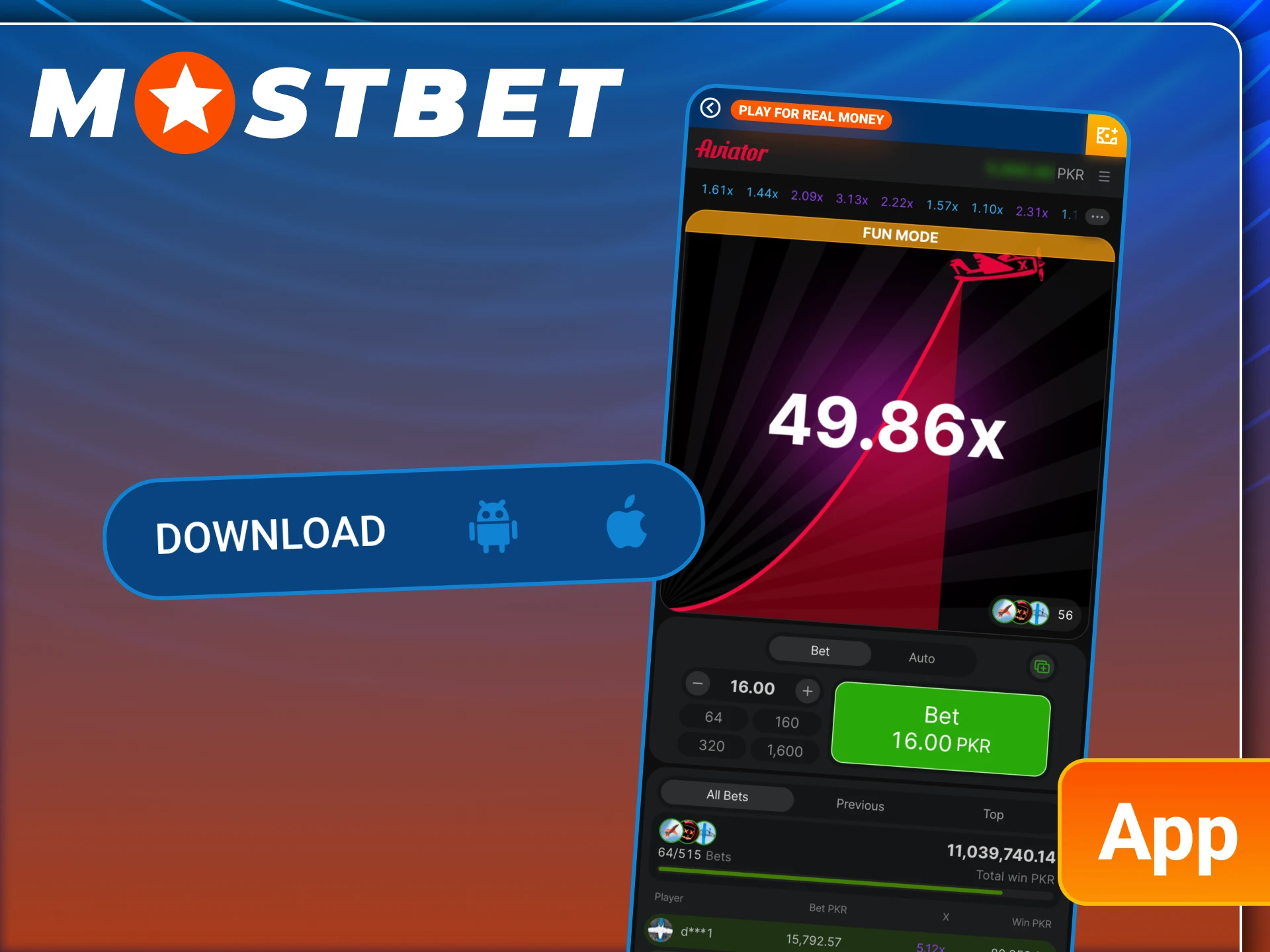 Download Mostbet app and enjoy playing Aviator on your device.
