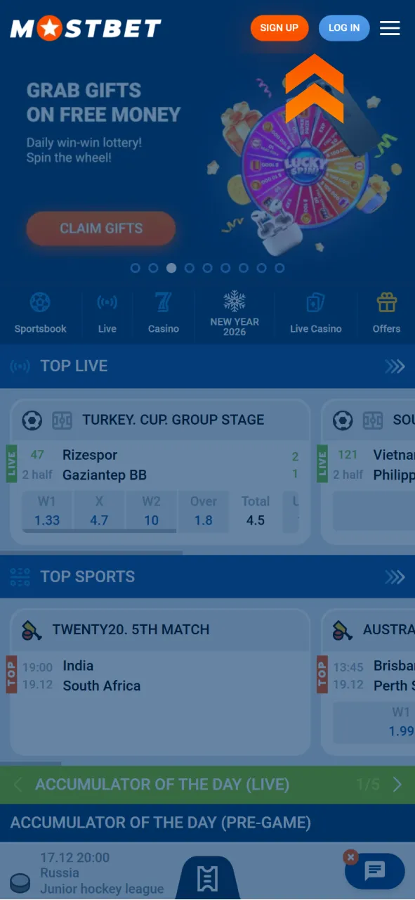 Register or log in to your account on the official Mostbet website.