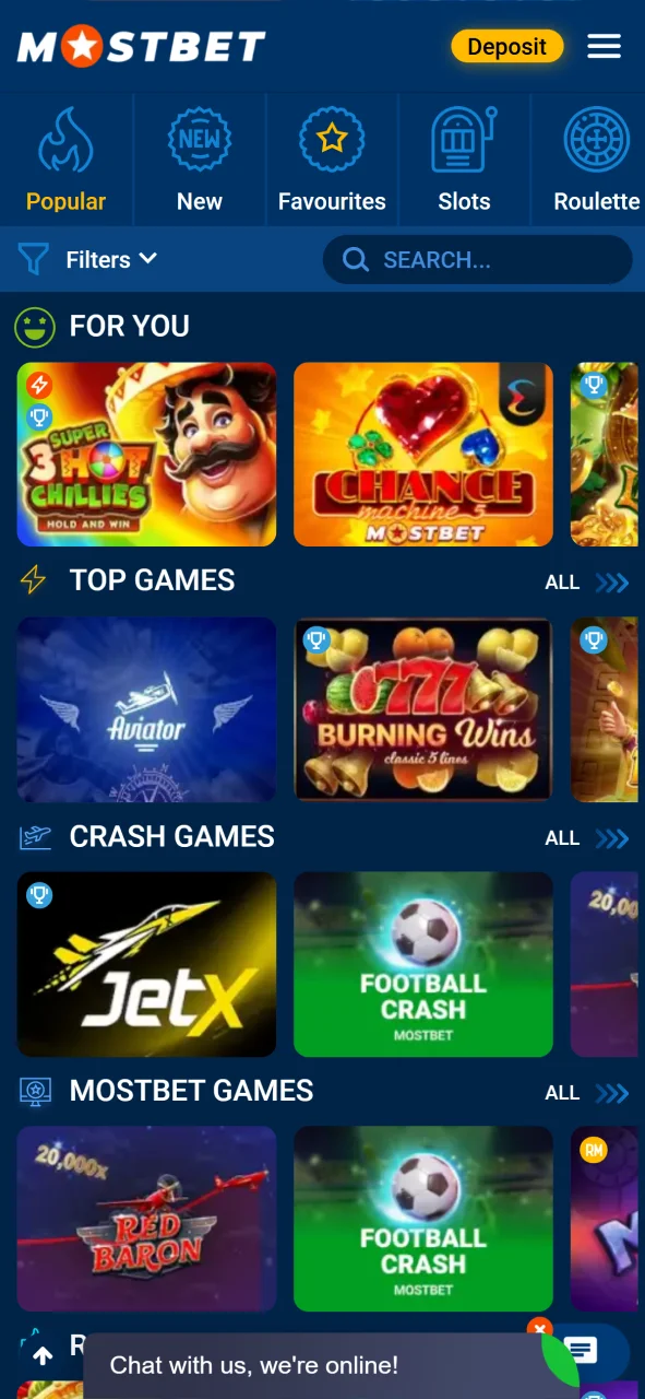 Open the Mostbet Casino and choose your game.