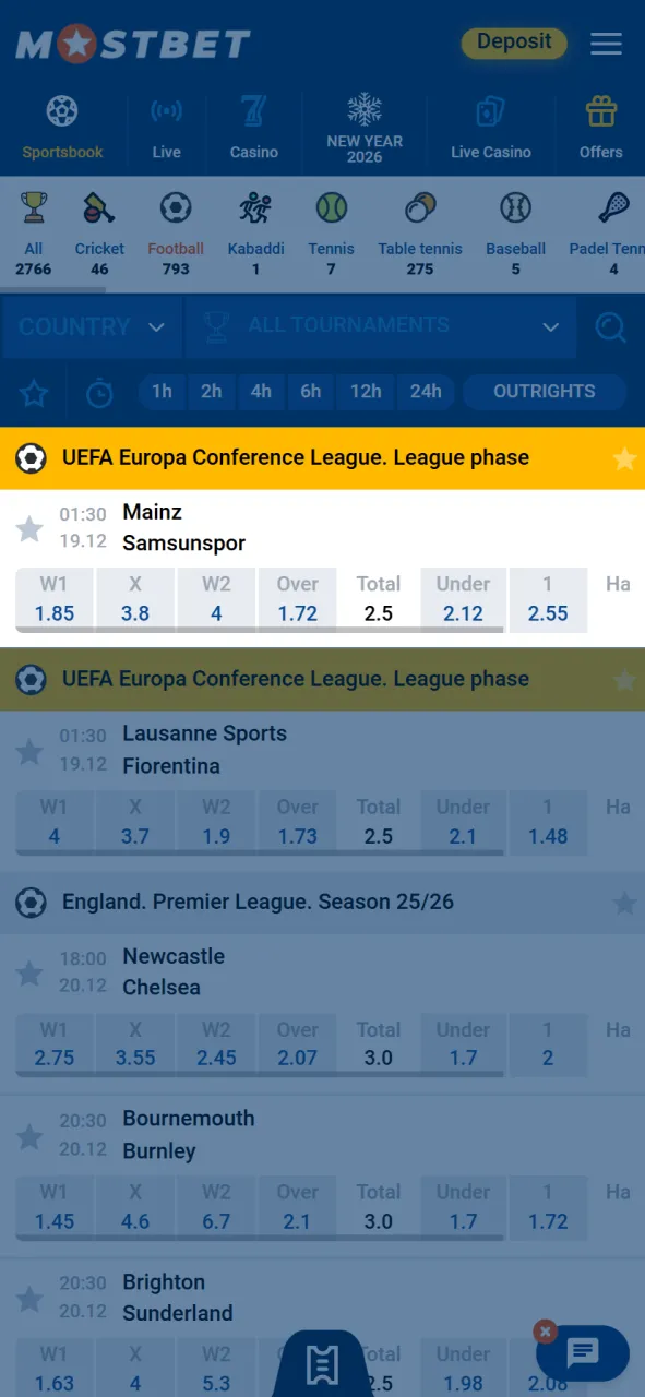 Select your favorite sports matches to bet on at Mostbet.