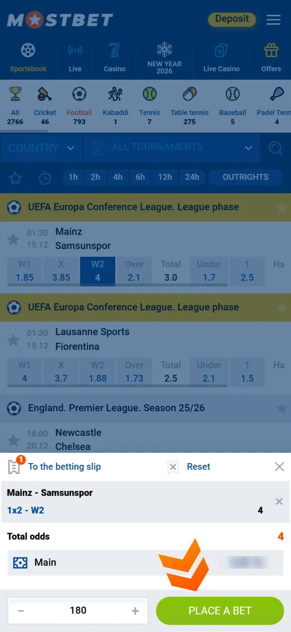 Enter your stake and confirm your bet on the official Mostbet.