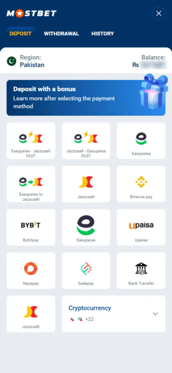 Select a secure payment method on the official Mostbet gaming platform.