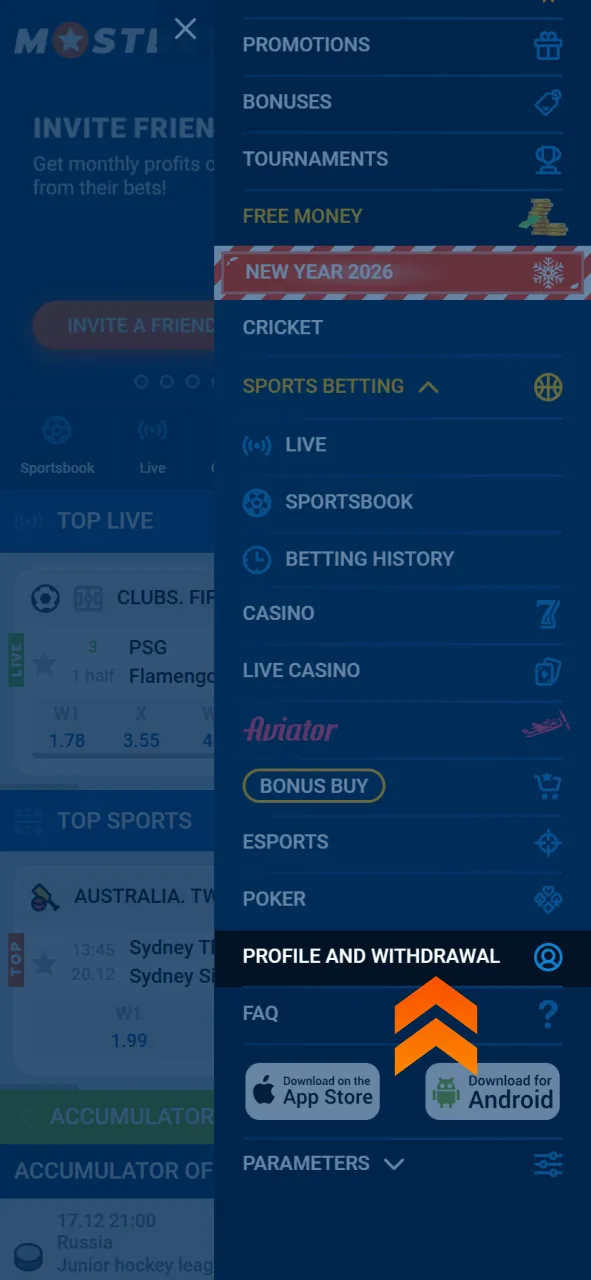 Access the withdrawal section in your profile at official Mostbet.