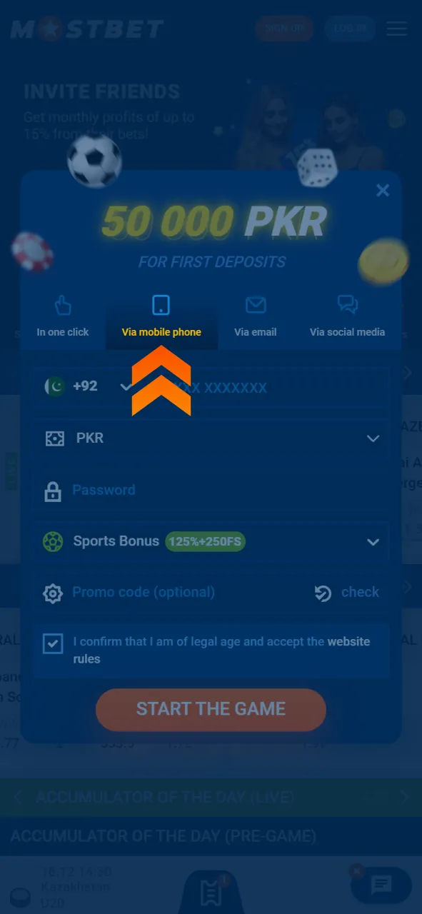 Select the mobile phone registration method on the official Mostbet platform.