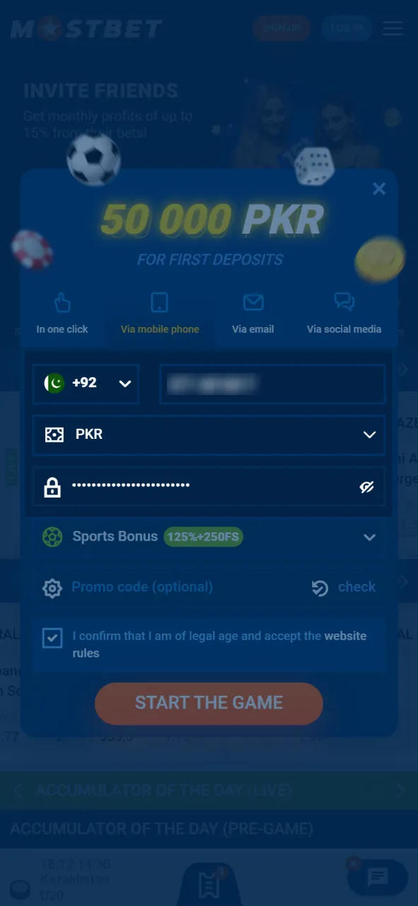 Enter your phone number and currency on the official Mostbet website.