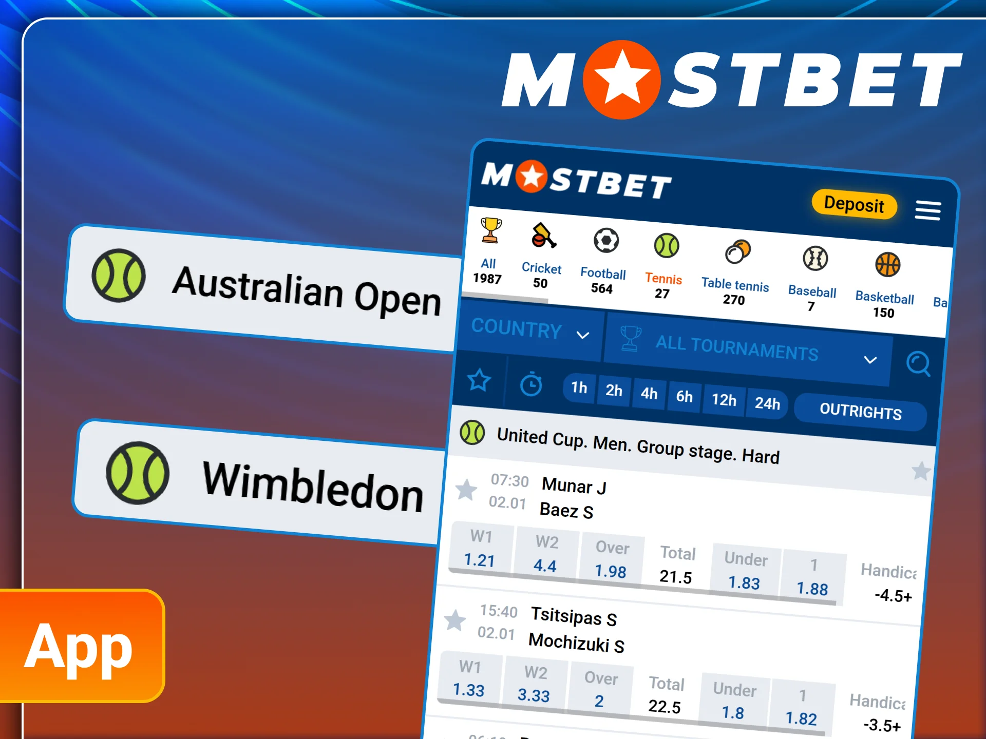 Download the Mostbet app and bet on top tennis events.